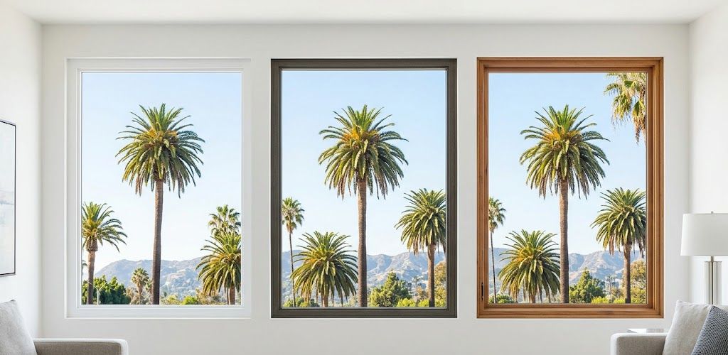A visualization comparing three different window frame materials—white vinyl, dark fiberglass, and natural wood—on large vertical windows in a modern Los Angeles living room, overlooking a sunny skyline with palm trees.